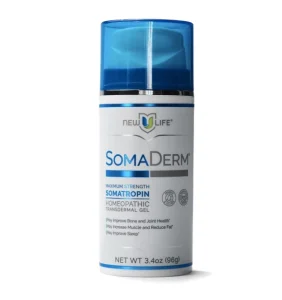 Promotional image for SomaDerm® Transdermal Gel highlighting its proprietary homeopathic and nutraceutical formula, clinically evaluated ingredients shown to support natural growth hormone levels, and branding focused on hormone balance, vitality, and anti-aging support.