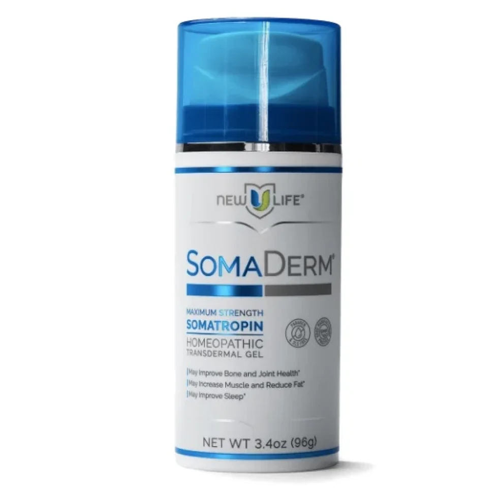 Promotional image for SomaDerm® Transdermal Gel highlighting its proprietary homeopathic and nutraceutical formula, clinically evaluated ingredients shown to support natural growth hormone levels, and branding focused on hormone balance, vitality, and anti-aging support.