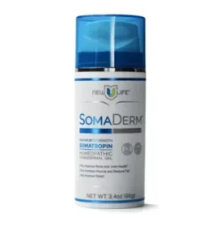 Promotional image for SomaDerm® Transdermal Gel highlighting its proprietary homeopathic and nutraceutical formula, clinically evaluated ingredients shown to support natural growth hormone levels, and branding focused on hormone balance, vitality, and anti-aging support.