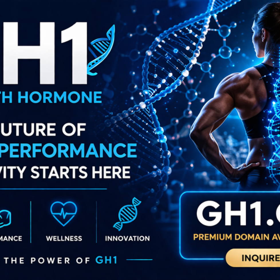 GH1 growth hormone promotional banner showing futuristic health and biotechnology concept with domain GH1.com available for sale