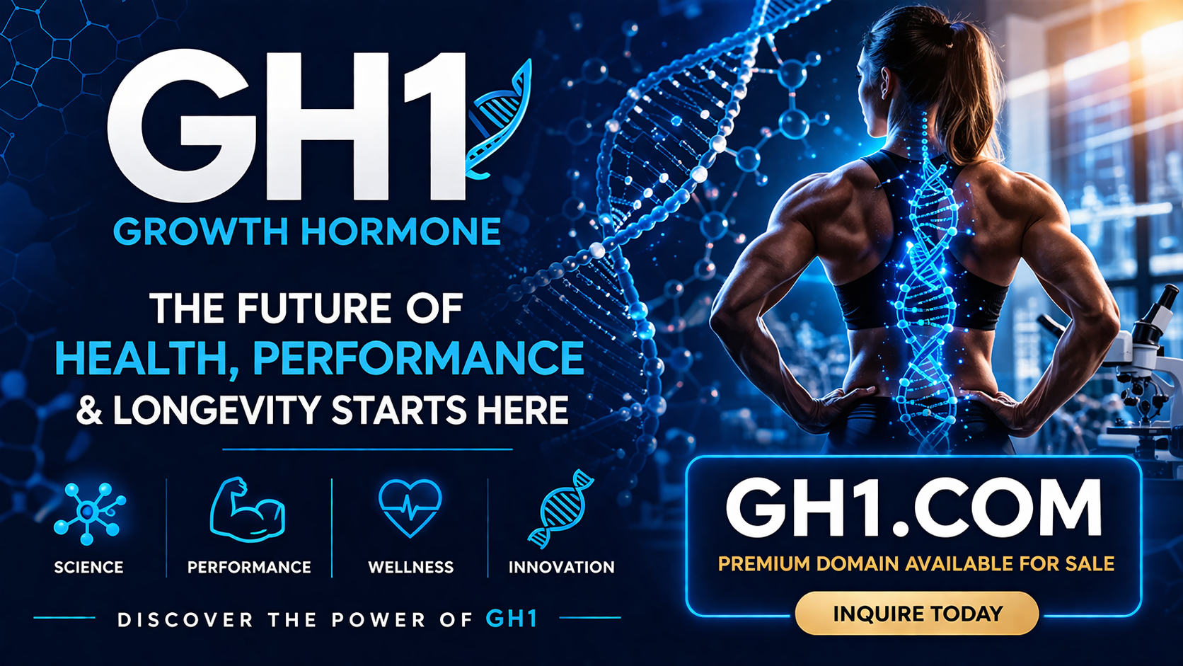 GH1 growth hormone promotional banner showing futuristic health and biotechnology concept with domain GH1.com available for sale